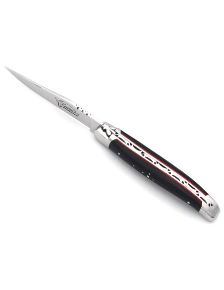 Laguiole pliant 11 cm, abeille forgée, lame seule finition brillant, manche en ébène avec intercalaire rouge