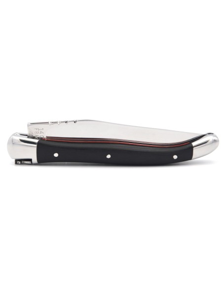 Laguiole pocket knife, 11 cm, forged bee, shiny stainless steel bolsters, ebony handle with red vulcanized fiber