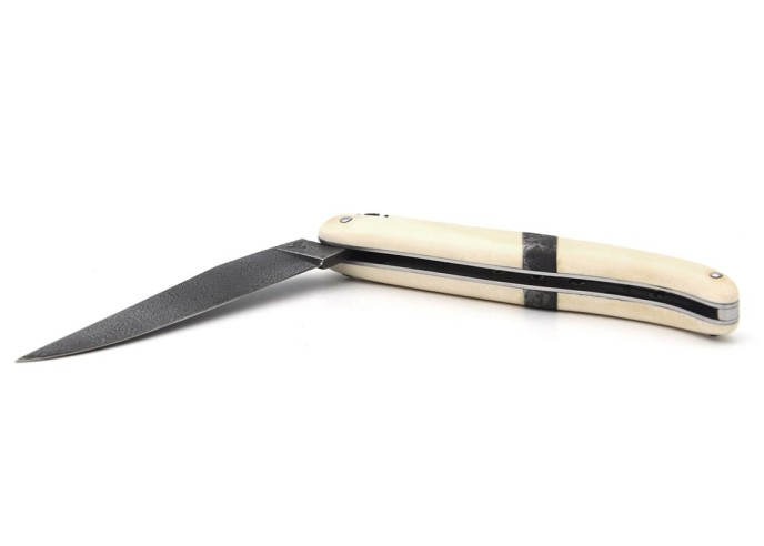 Laguiole folding knife 12 cm, central bolster in meteorite, Damascus mosaic blade with a white mammoth ivory handle