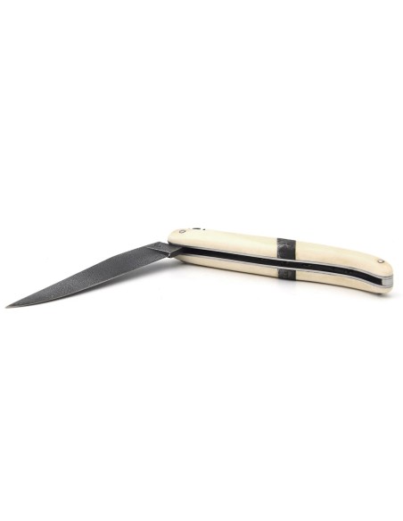 Laguiole folding knife 12 cm, central bolster in meteorite, Damascus mosaic blade with a white mammoth ivory handle