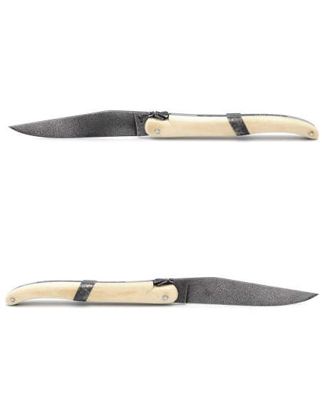 Laguiole folding knife 12 cm, central bolster in meteorite, Damascus mosaic blade with a white mammoth ivory handle