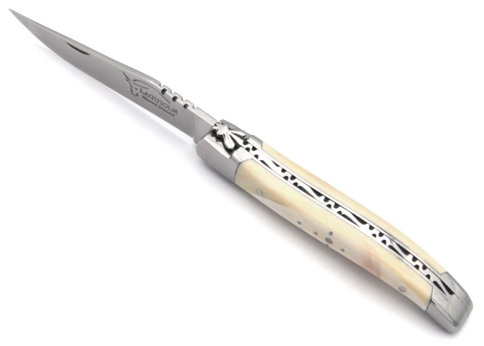 Laguiole Klappmesser, 10cm, Geschmiedete Biene, Heftbacken aus glänzendem Edelstahl, Griff aus warzenschweinezahn