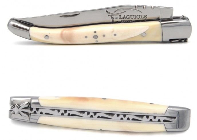 Laguiole pocket knife, 10 cm, forged bee, warthog tooth handle with shiny bolsters