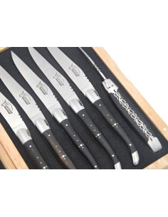 Laguiole Steakmesser, Heftbacken aus mattem Edelstahl, breiterer Griff aus Ebenholz