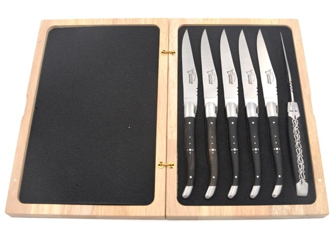 Laguiole steak knives with matt stainless steel bolsters. Wide ebony wood handles