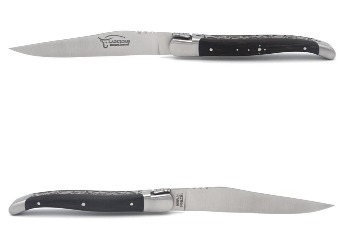 Laguiole steak knives with matt stainless steel bolsters. Wide ebony wood handles