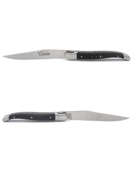 Laguiole steak knives with matt stainless steel bolsters. Wide ebony wood handles
