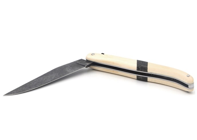 Laguiole folding knife 12 cm, central bolster in meteorite, Damascus mosaic blade with a white mammoth ivory handle