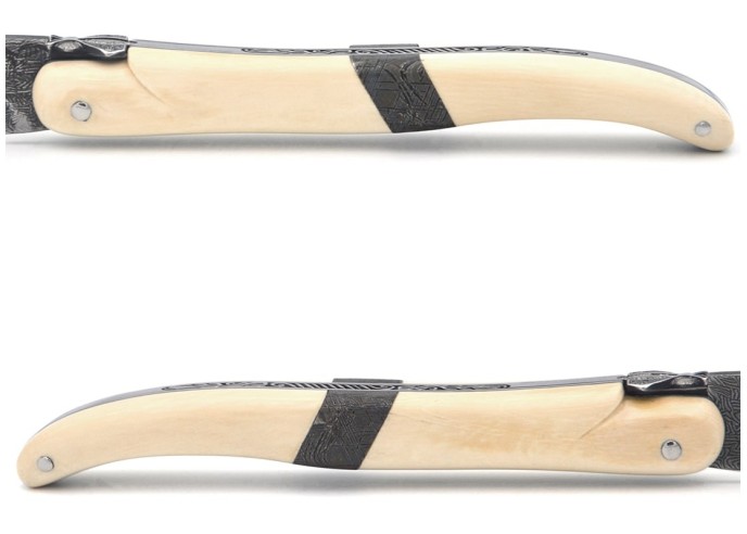 Laguiole folding knife 12 cm, central bolster in meteorite, Damascus mosaic blade with a white mammoth ivory handle