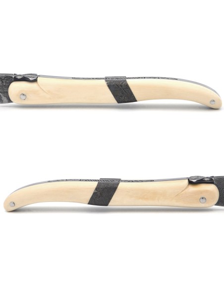 Laguiole folding knife 12 cm, central bolster in meteorite, Damascus mosaic blade with a white mammoth ivory handle