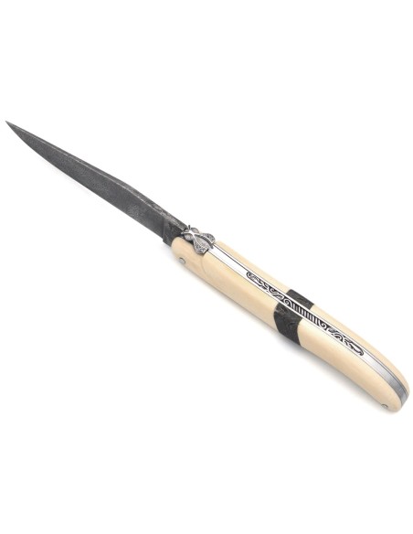 Laguiole folding knife 12 cm, central bolster in meteorite, Damascus mosaic blade with a white mammoth ivory handle