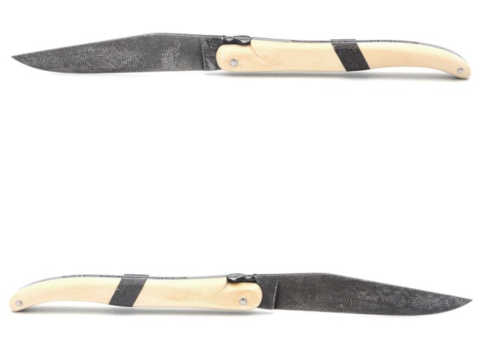 Laguiole folding knife 12 cm, central bolster in meteorite, Damascus mosaic blade with a white mammoth ivory handle