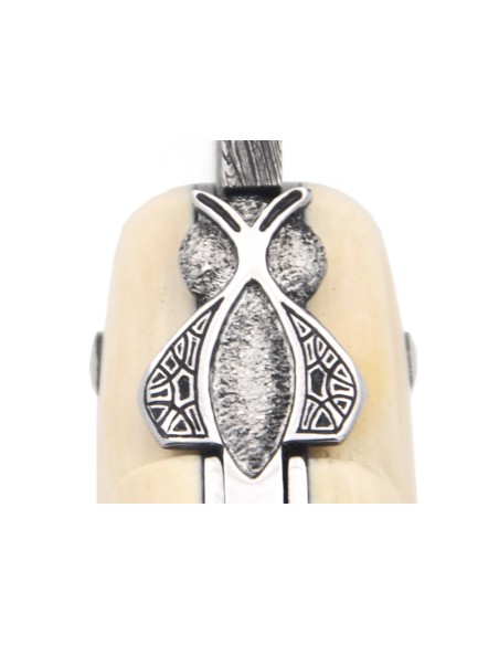 Laguiole folding knife 12 cm, central bolster in meteorite, Damascus mosaic blade with a white mammoth ivory handle