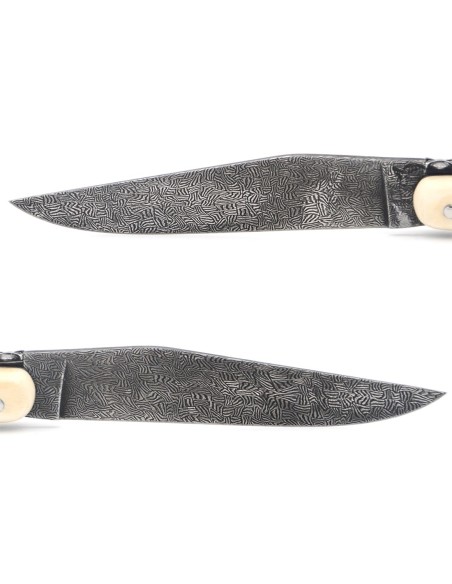 Laguiole folding knife 12 cm, central bolster in meteorite, Damascus mosaic blade with a white mammoth ivory handle