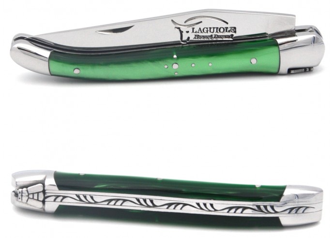 Laguiole pocket knife, 11 cm, welded bee, bottle green acrylic handle with shiny bolsters