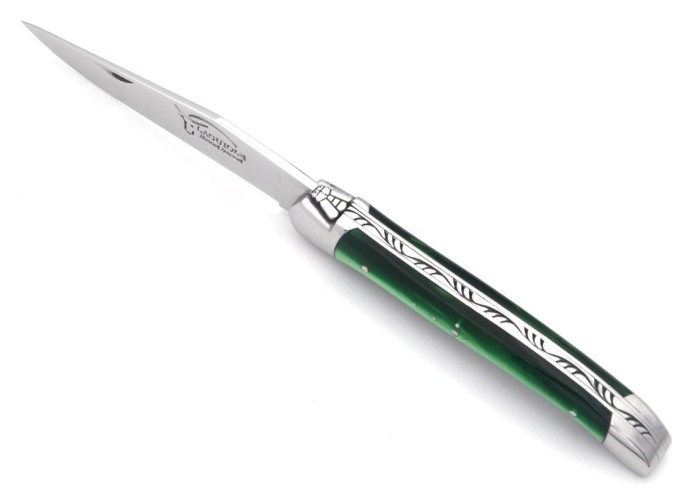 Laguiole Klappmesser, 11cm, Geschweißte Biene, Heftbacken aus glänzendem Edelstahl, Griff aus Acryl, flaschengrün