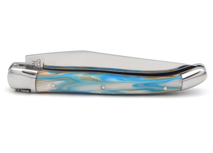 Laguiole Klappmesser, 11cm, Geschweißte Biene, Heftbacken aus glänzendem Edelstahl, Griff aus Acryl, blau marmoriert