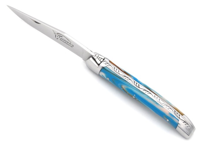 Laguiole pocket knife, 11 cm, welded bee, blue marbled acrylic handle with shiny bolsters