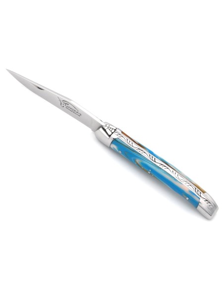 Laguiole Klappmesser, 11cm, Geschweißte Biene, Heftbacken aus glänzendem Edelstahl, Griff aus Acryl, blau marmoriert