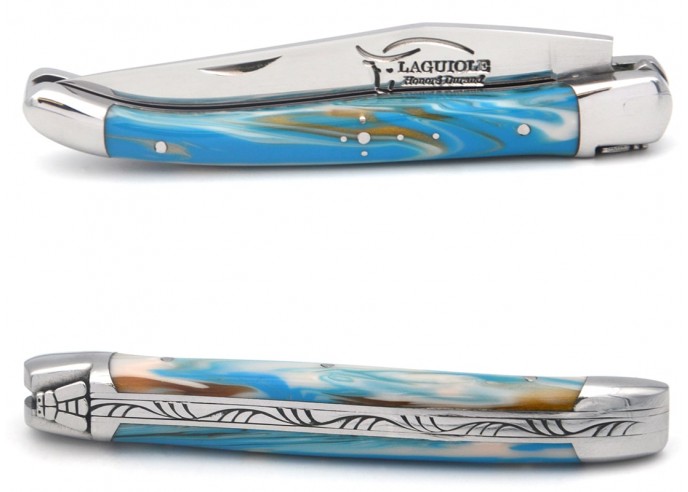 Laguiole pocket knife, 11 cm, welded bee, blue marbled acrylic handle with shiny bolsters