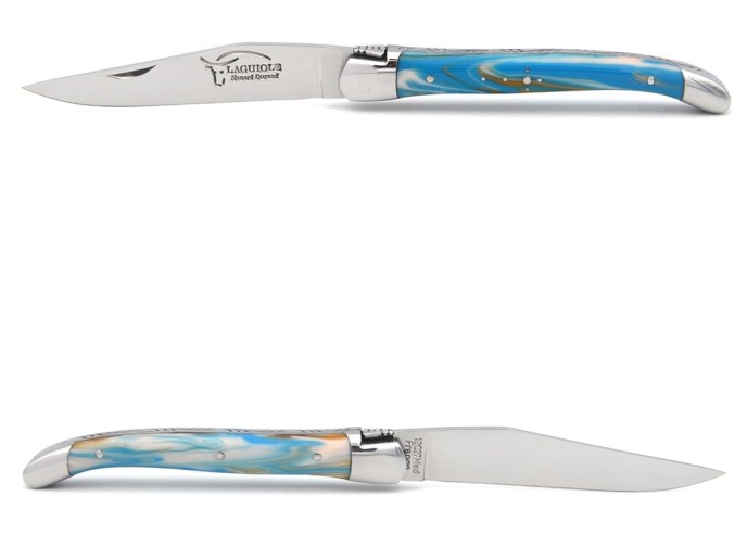 Laguiole pocket knife, 11 cm, welded bee, blue marbled acrylic handle with shiny bolsters