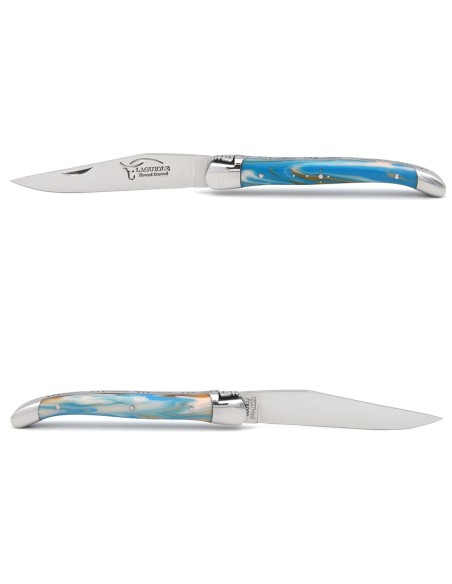 Laguiole pliant 11cm, abeille soudée, manche en acrylique marbré bleu