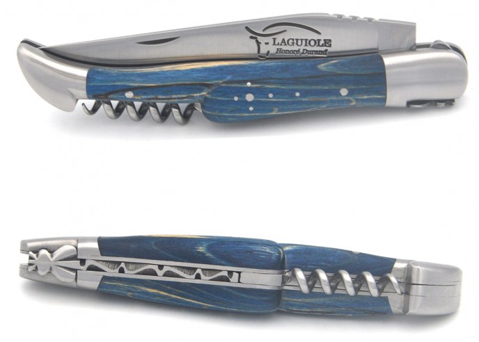 Laguiole pocket knife, 12 cm, blade and corkscrew, blue-stained beech handle with matt bolsters