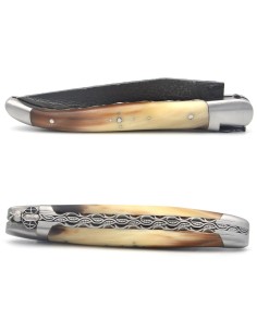 Laguiole 12cm, Edelstahl als 'brut de forge' Klinge, Biene und Doppelplatinen ziseliert, Hornspitze