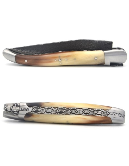 Laguiole pocket knife 12 cm, brut de forge blade, chiseled bee and spring with double plates,  pale horn tip handle
