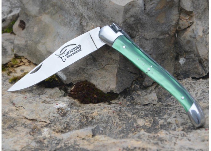 Laguiole pocket knife, 11 cm, welded bee, bottle green acrylic handle with shiny bolsters