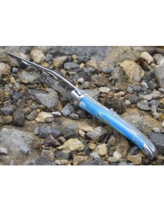 Laguiole Klappmesser, 11cm, Geschweißte Biene, Heftbacken aus glänzendem Edelstahl, Griff aus Acryl, blau marmoriert 2