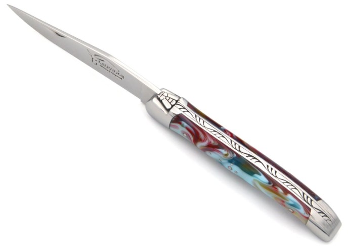 Laguiole pocket knife, 11 cm, welded bee,harlequin marble acrylic handle with shiny bolsters