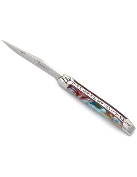 Laguiole pliant 11cm, abeille soudée, manche en acrylique marbré arlequin