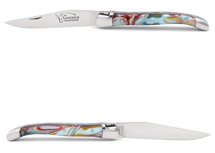 Laguiole pliant 11cm, abeille soudée, manche en acrylique marbré arlequin