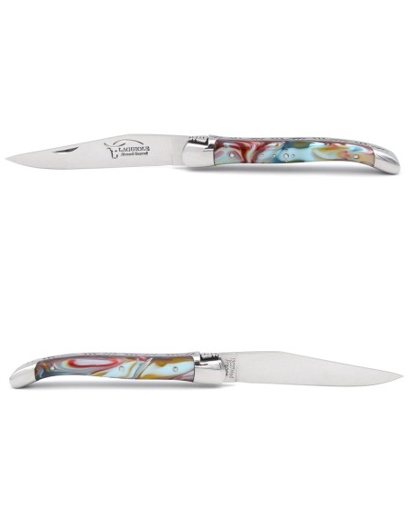 Laguiole pocket knife, 11 cm, welded bee,harlequin marble acrylic handle with shiny bolsters