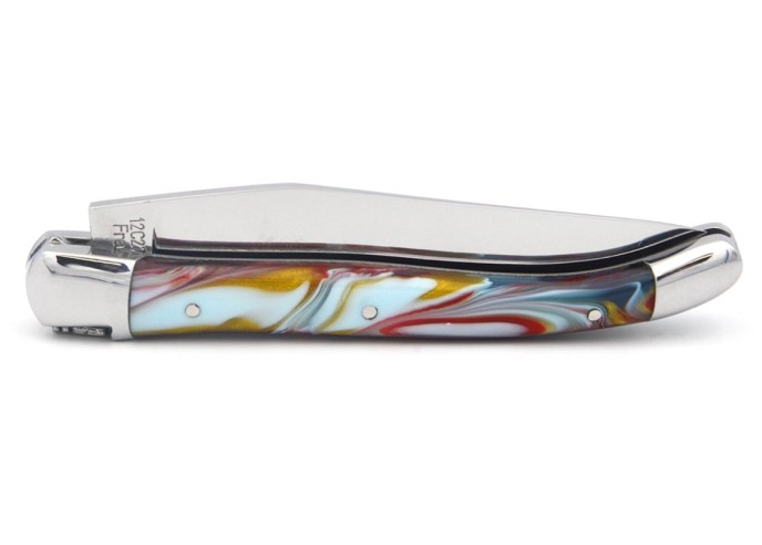 Laguiole pliant 11cm, abeille soudée, manche en acrylique marbré arlequin