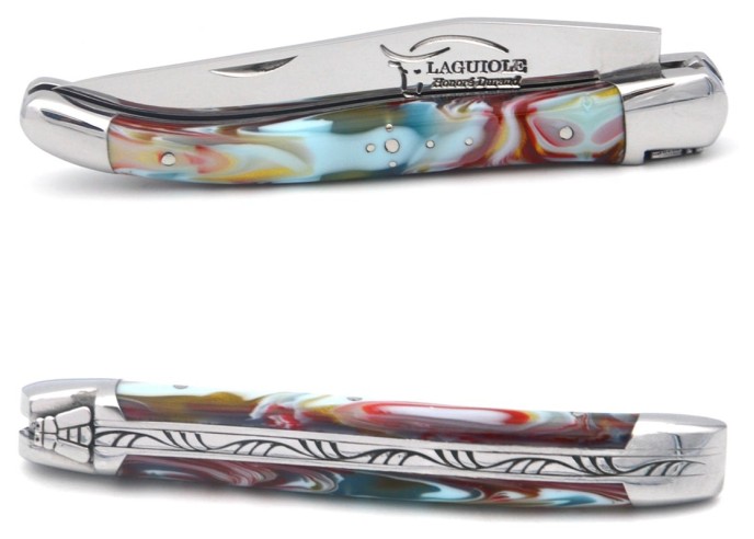 Laguiole pocket knife, 11 cm, welded bee,harlequin marble acrylic handle with shiny bolsters