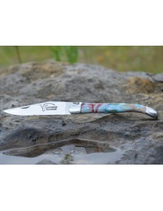 Laguiole Klappmesser, 11cm, Geschweißte Biene, Heftbacken aus glänzendem Edelstahl, Griff aus Acryl, marmoriert harlekin 2
