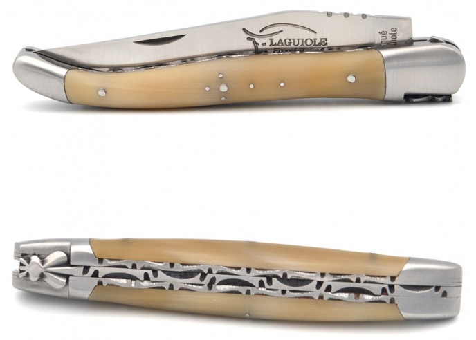 Laguiole pocket knife, 12 cm, chiseled double plates, pale horn tip handle with matt bolsters