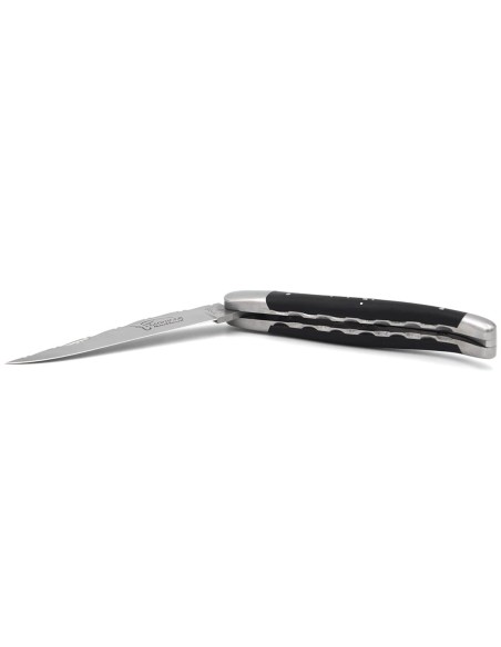 Laguiole pliant 12cm en ébène, doubles platines et dos de lame ciselés