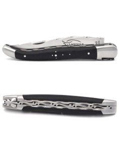 Laguiole pliant 12cm en ébène, doubles platines et dos de lame ciselés