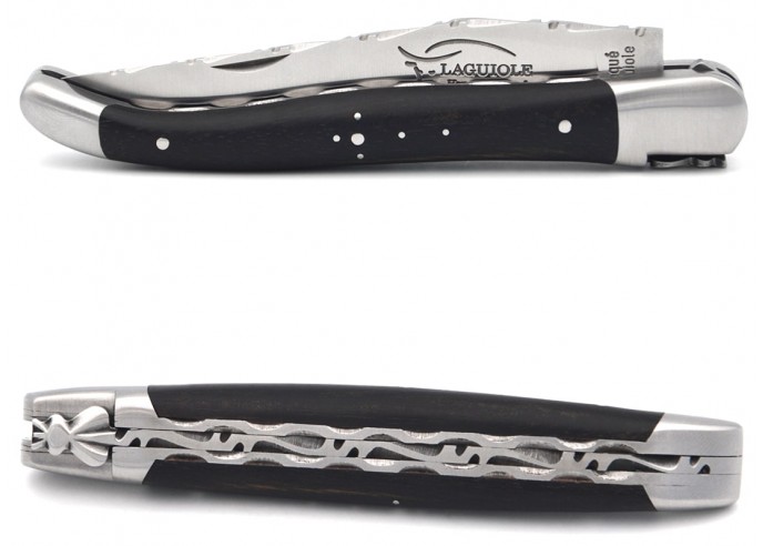 Laguiole pocket knife, 12 cm, double plates and top of the blade, ebony handle with matt bolsters