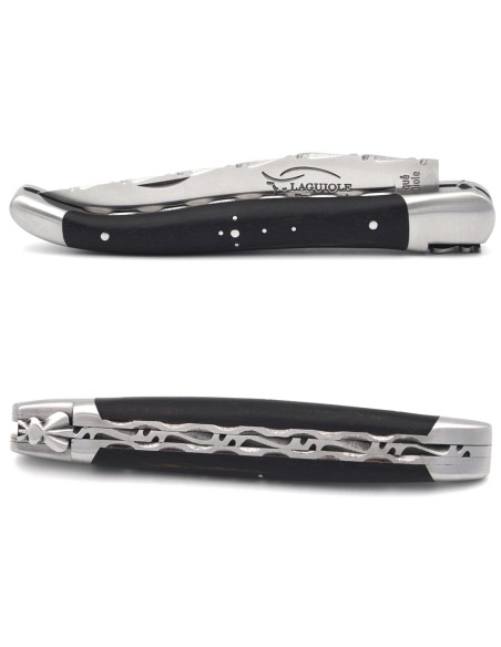 Laguiole pliant 12cm en ébène, doubles platines et dos de lame ciselés