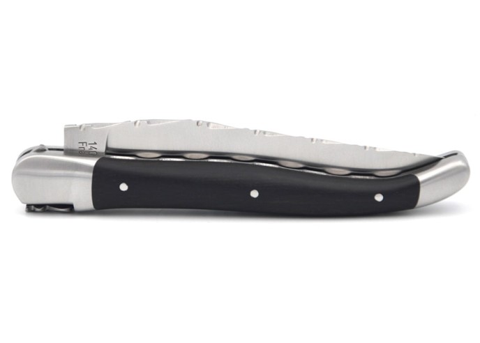 Laguiole pliant 12cm en ébène, doubles platines et dos de lame ciselés