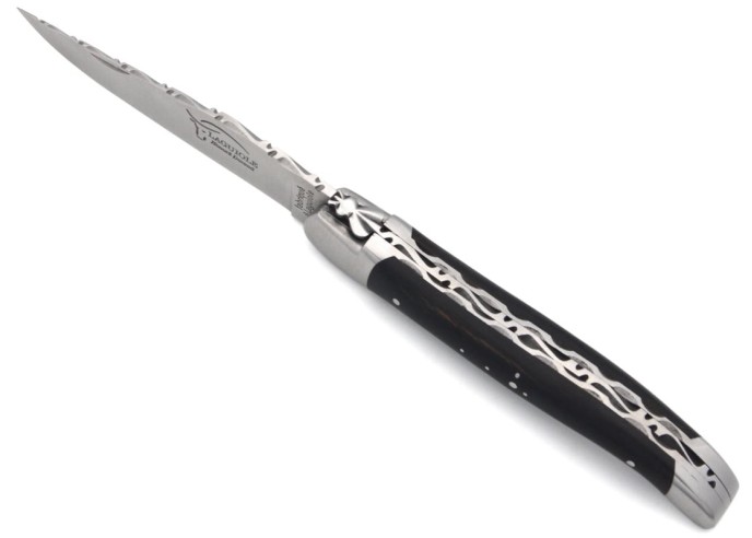 12cm folding Laguiole knife in ebony, chiselled double plates and back of blade