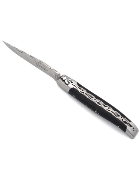 12cm folding Laguiole knife in ebony, chiselled double plates and back of blade