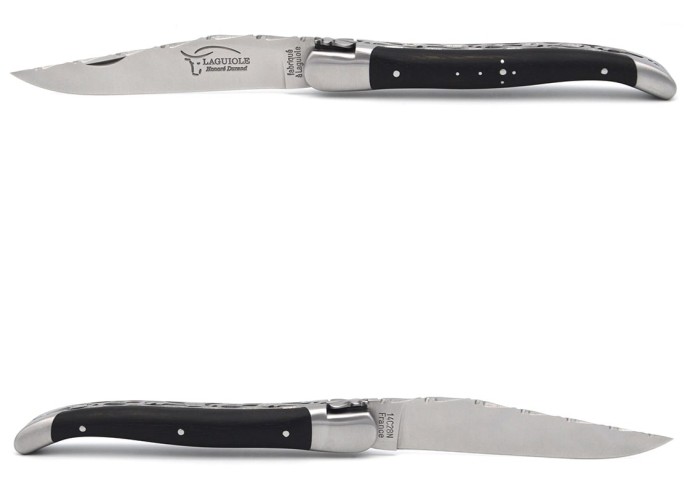 Laguiole pliant 12cm en ébène, doubles platines et dos de lame ciselés