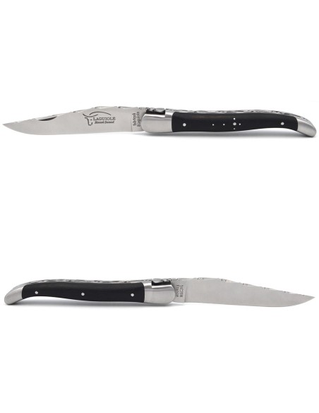 Laguiole pliant 12cm en ébène, doubles platines et dos de lame ciselés