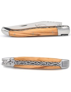 Laguiole 12cm, Doppelplatinen ziseliert, Heftbacken aus glänzendem Edelstahl, Olivenholz