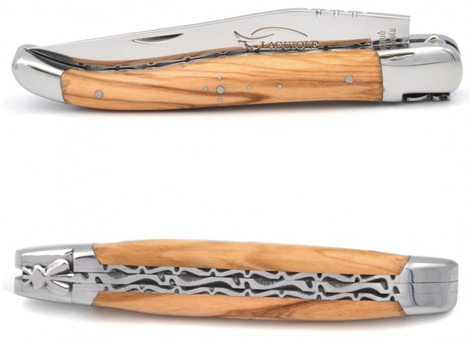 Laguiole pocket knife, 12 cm, chiseled double plates, olive wood handle with shiny bolsters